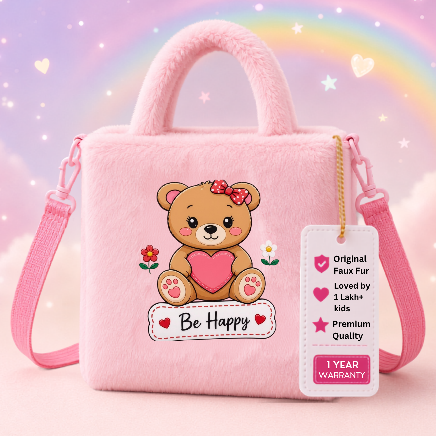 Kidara Be Happy Teddy Fur Kids Sling Bag (Pink)