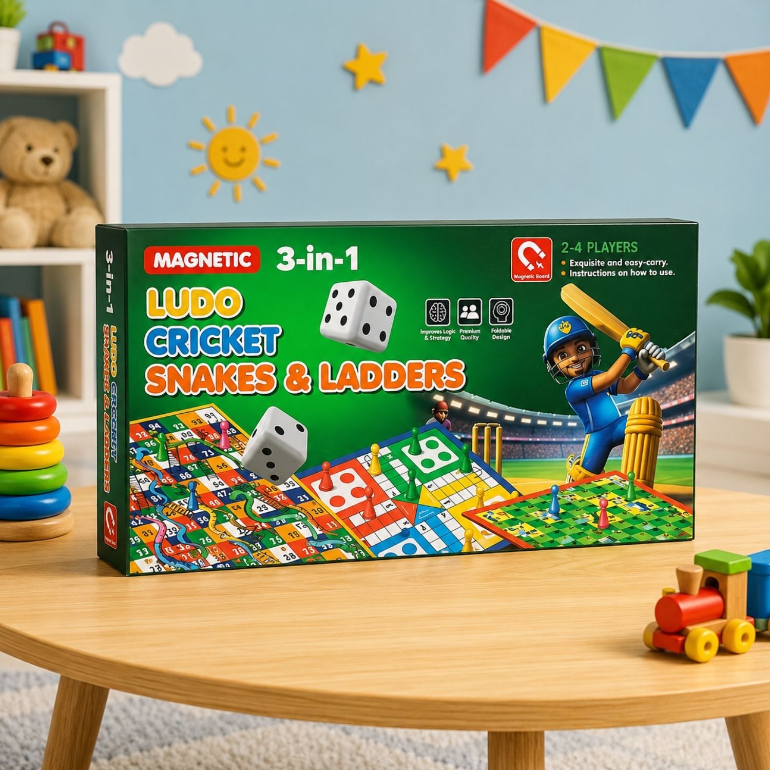 Kidara 3-In-1 Magentic Ludo, Snake N Ladder , Cricket Board Game for Kids