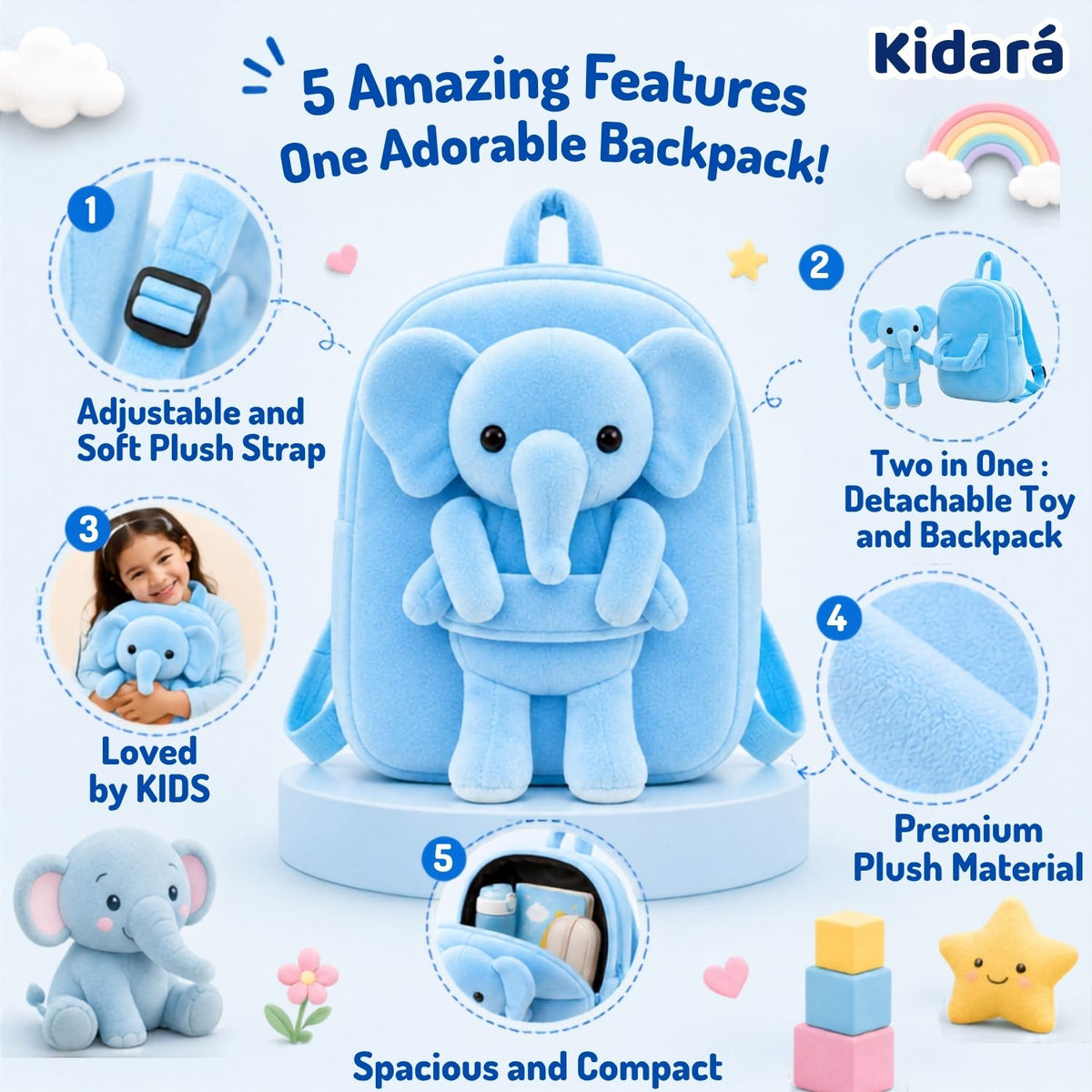 Kidara Elephant Plush Kids Backpack (Blue)