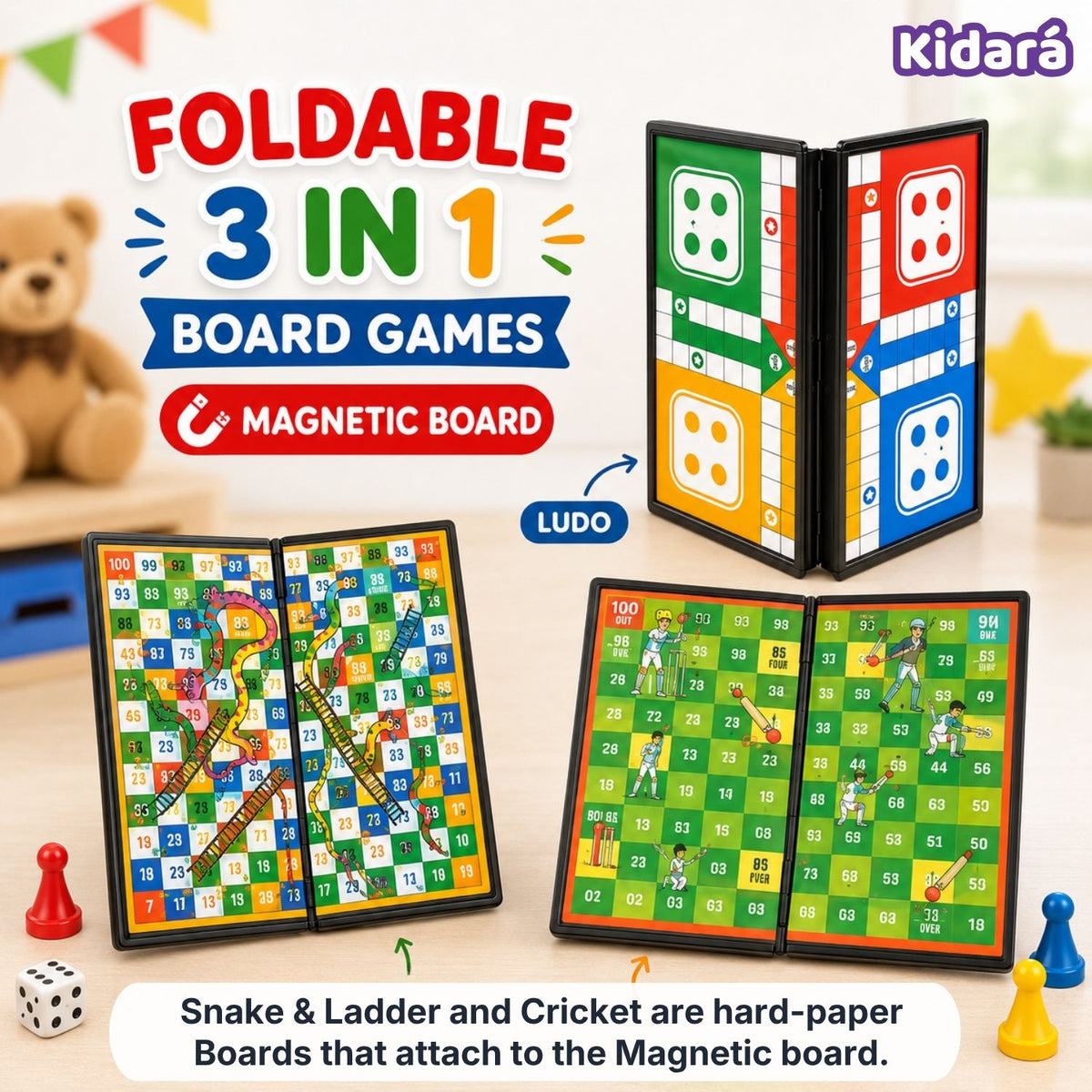 Kidara 3-In-1 Magentic Ludo, Snake N Ladder , Cricket Board Game for Kids