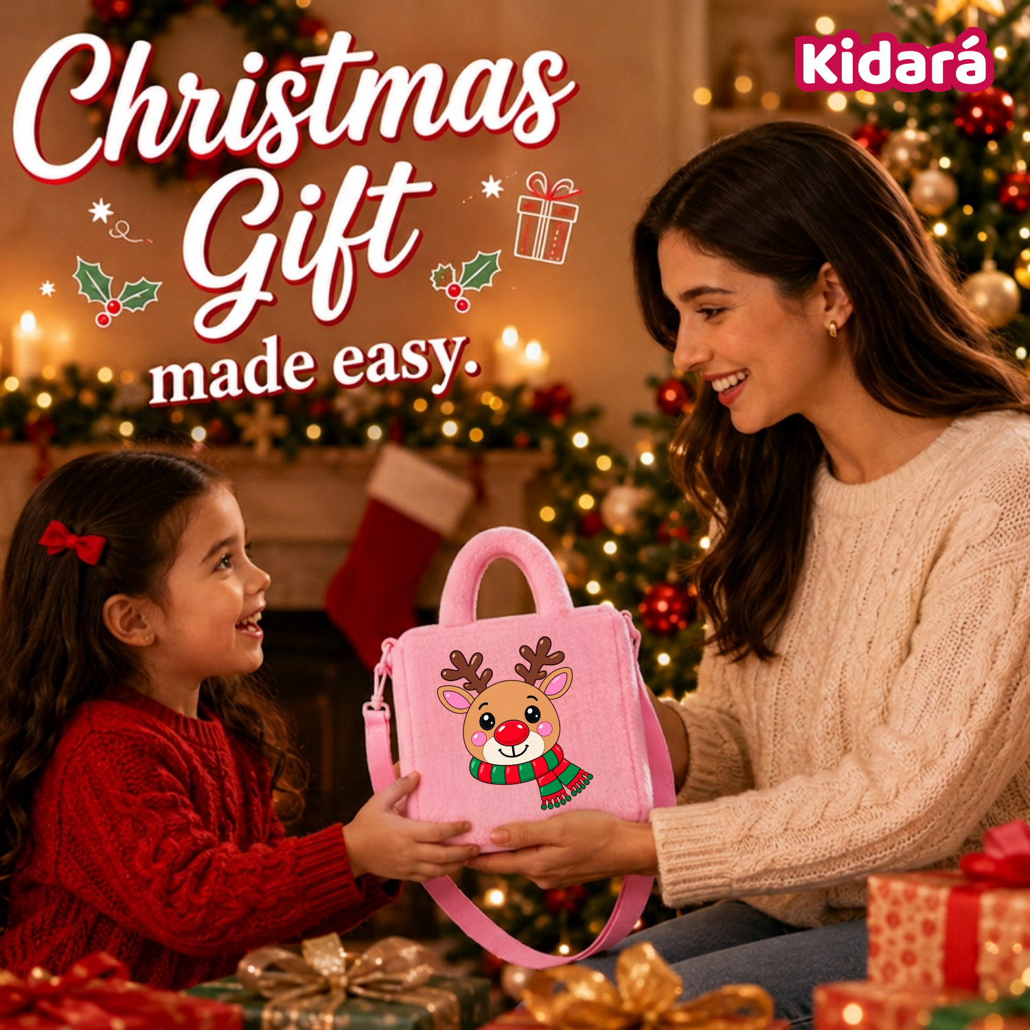 Kidara Christmas Rudolph Reindeer Fur Kids Sling Bag (Pink)
