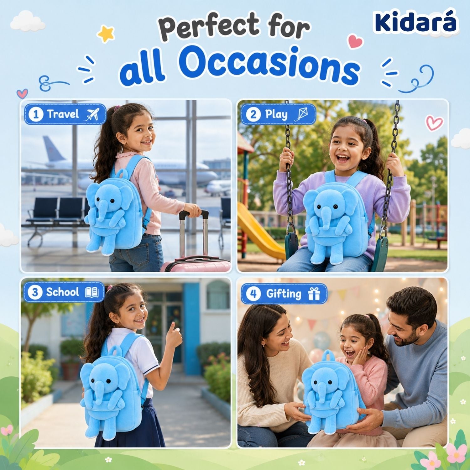 Kidara Elephant Plush Kids Backpack (Blue)
