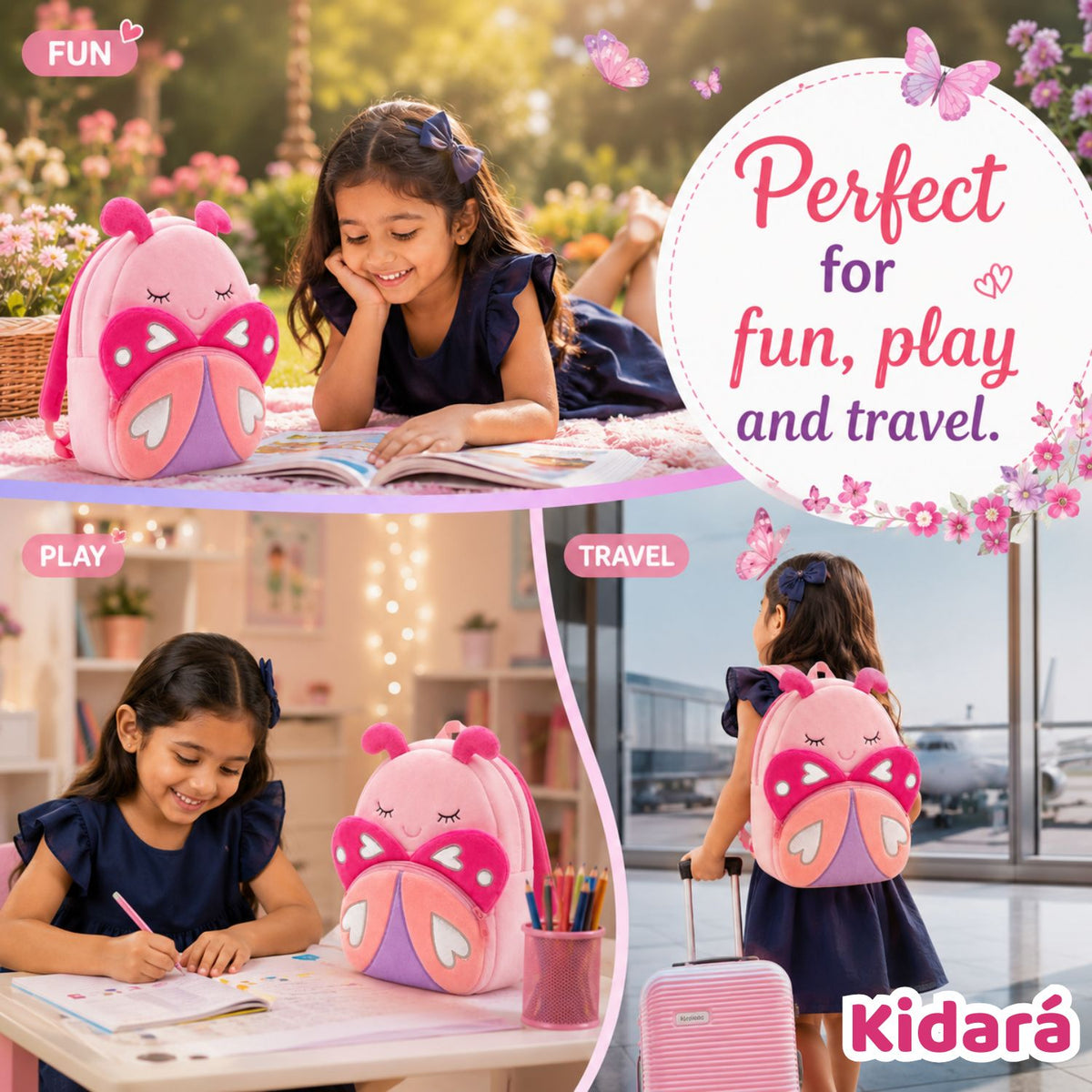 Kidara Rosy Butterfly Plush Kids Backpack (Pink)