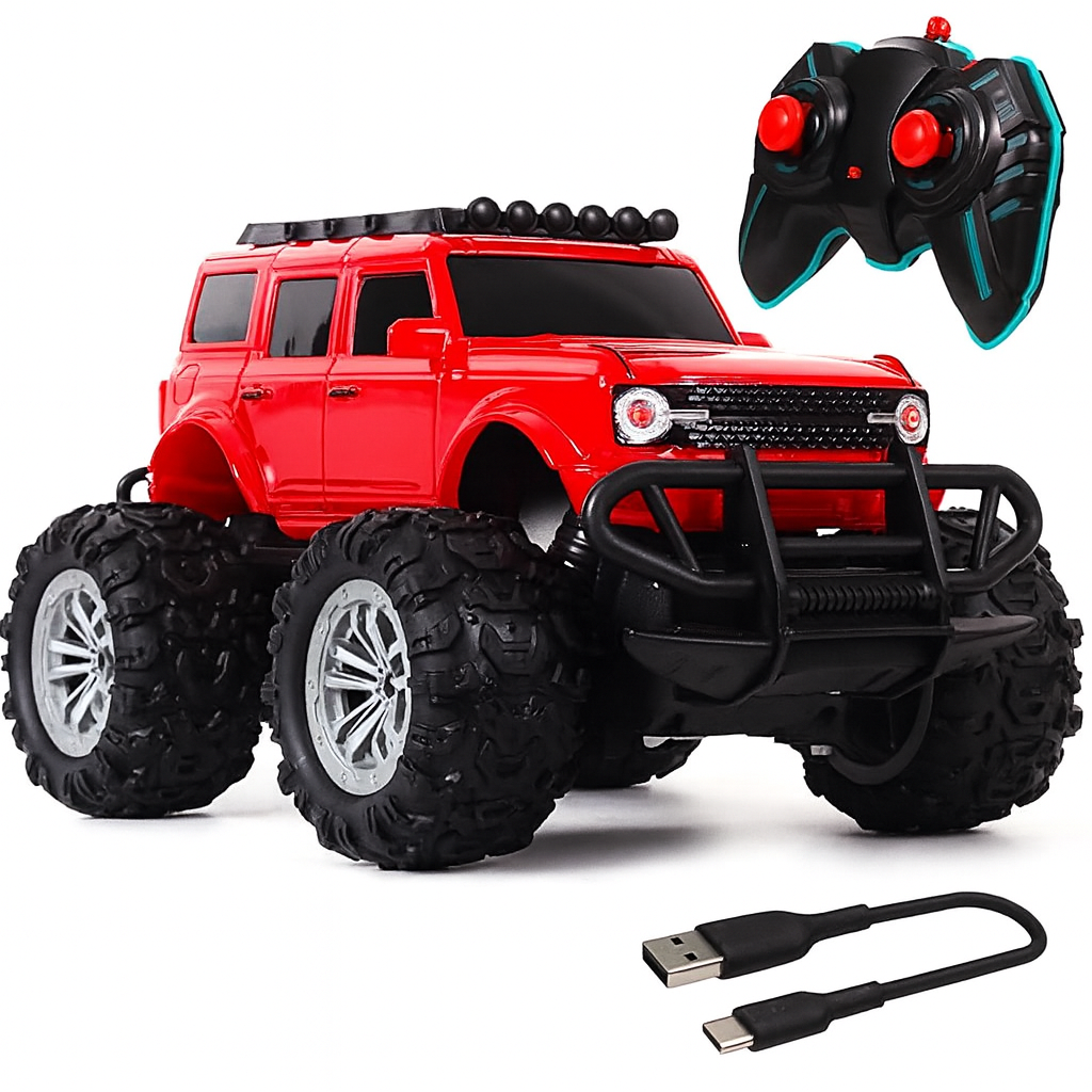 Kidara Remote Control Monster Truck | Rechargeable RC Car with 4 Headlight Modes (Red)