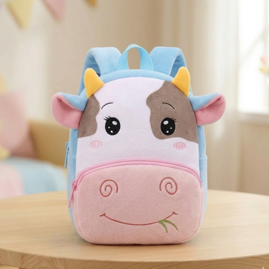 Kidara Preschool Soft Plush Cow Backpack for Toddlers (1-5 Years) – Mini Travel Full Embroidery Bag