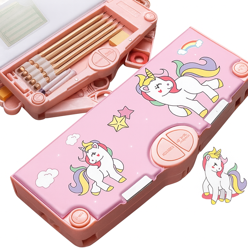 Kidara Magical Unicorn Dual-Compartment Magnetic Pencil Case – Soft Pink (Ages 4–12)