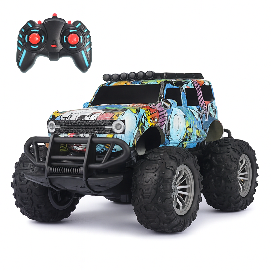 Kidara Remote Control Off-Road Car | Rechargeable Monster Truck with 4 Headlight Modes (Graffiti Blue)
