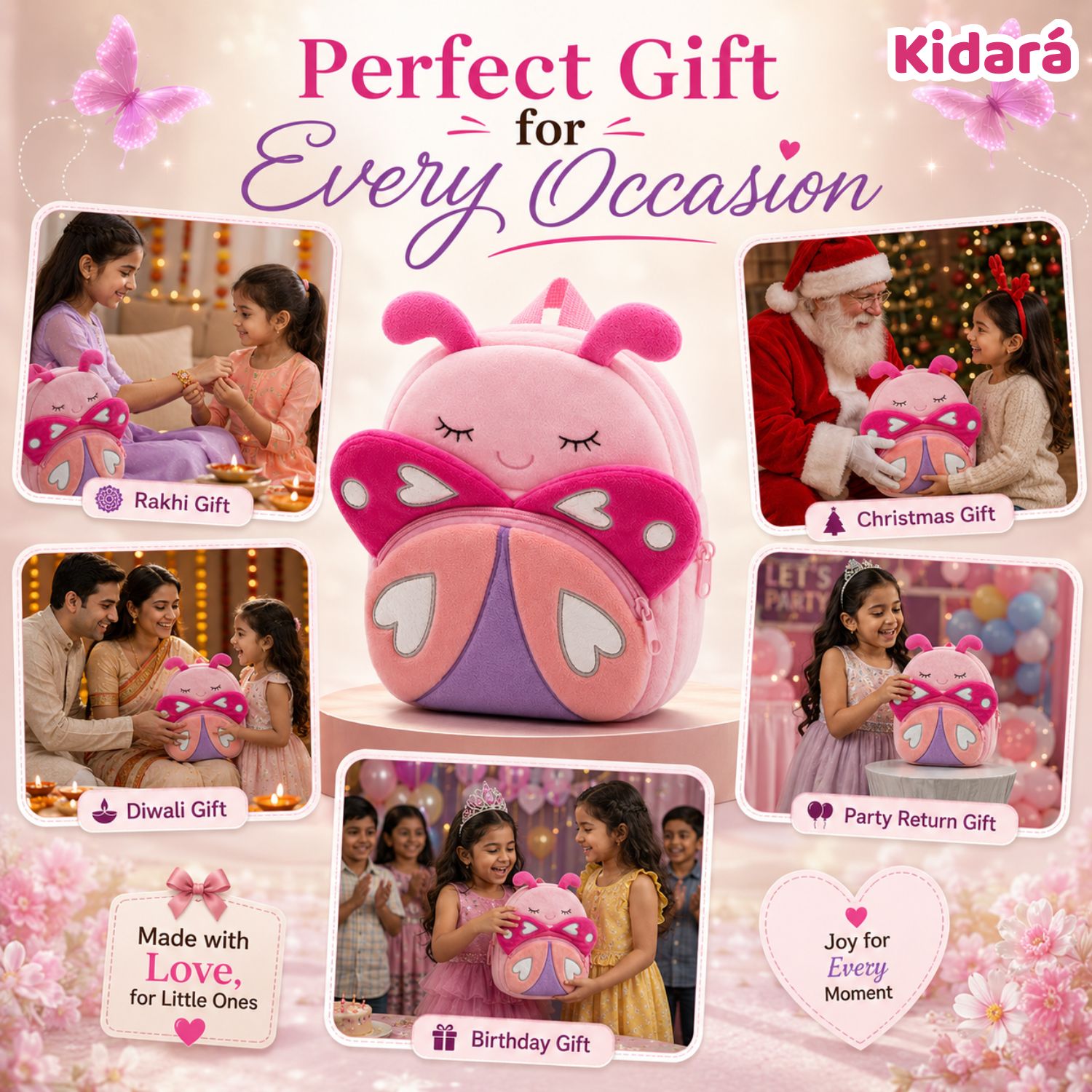 Kidara Rosy Butterfly Plush Kids Backpack (Pink)