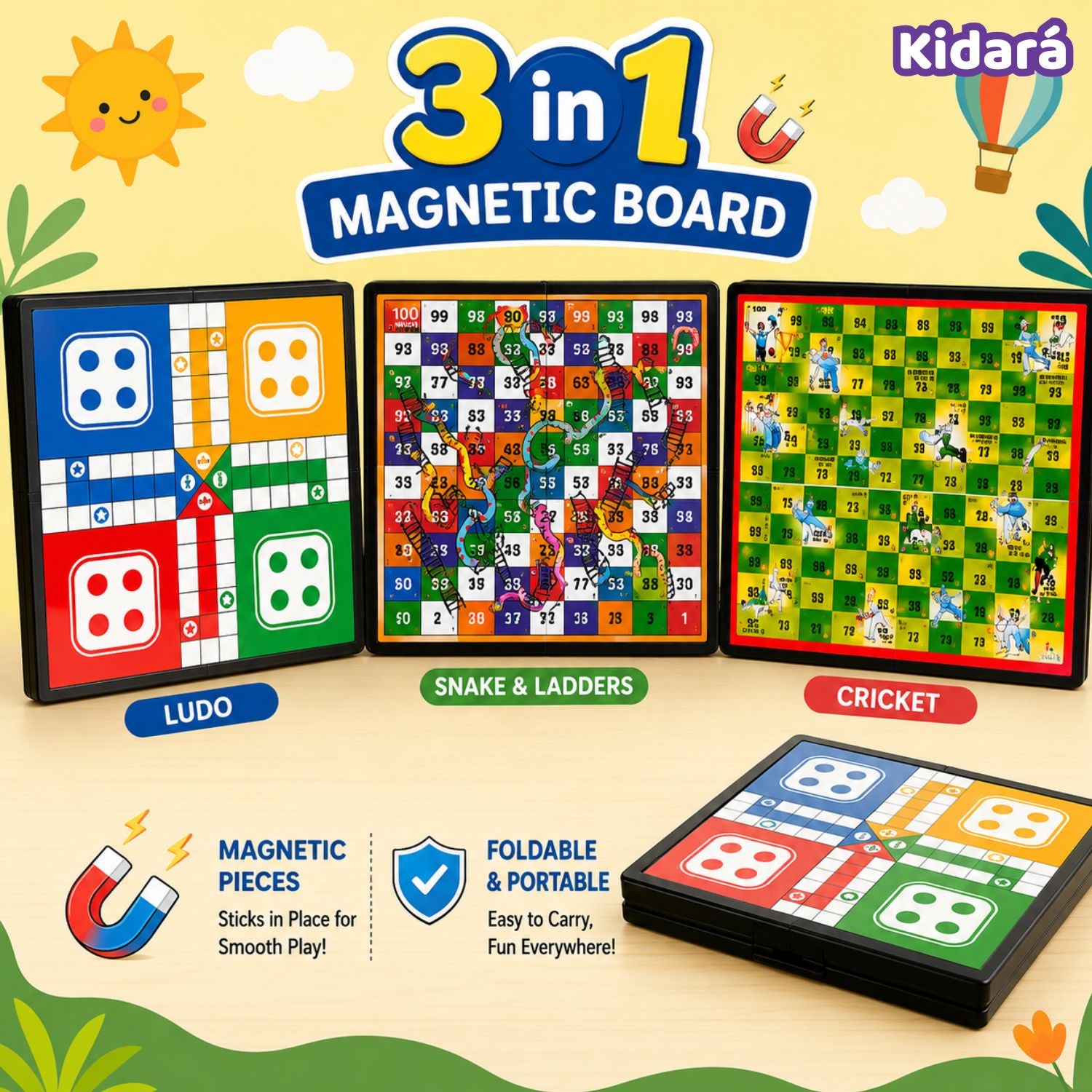 Kidara 3-In-1 Magentic Ludo, Snake N Ladder , Cricket Board Game for Kids