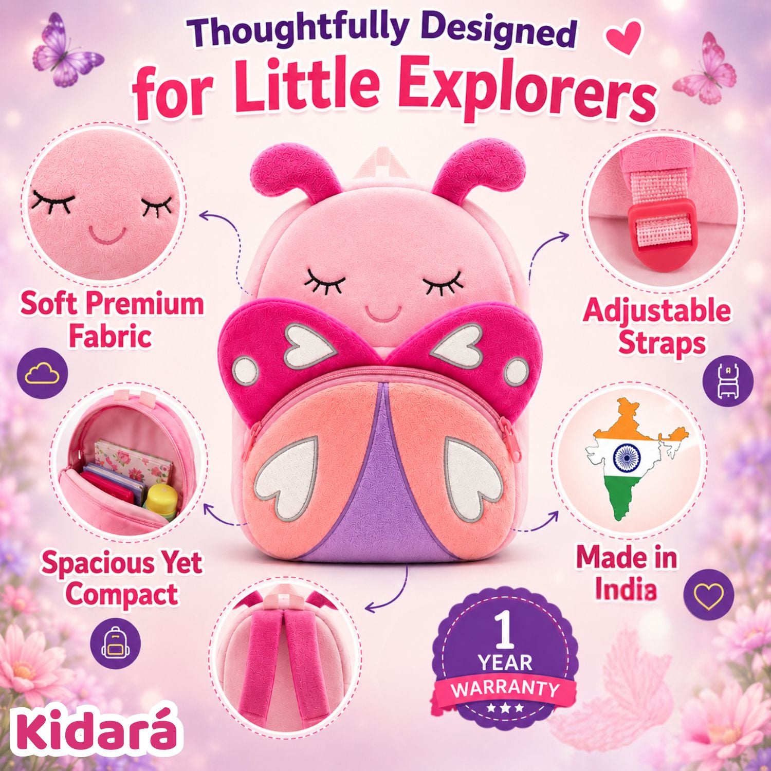 Kidara Rosy Butterfly Plush Kids Backpack (Pink)