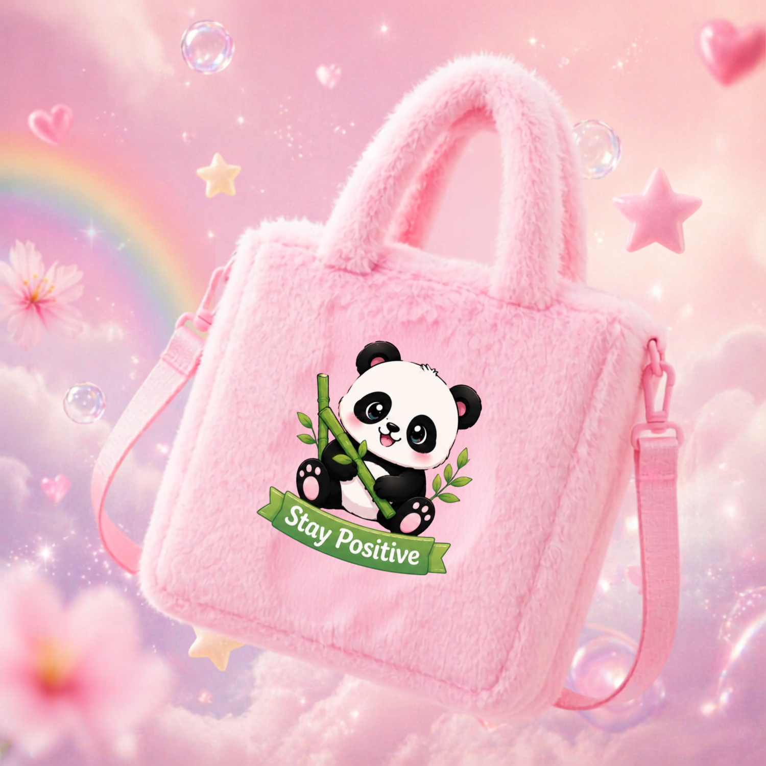 Kidara Stay Positive Panda Fur Kids Sling Bag (Pink)