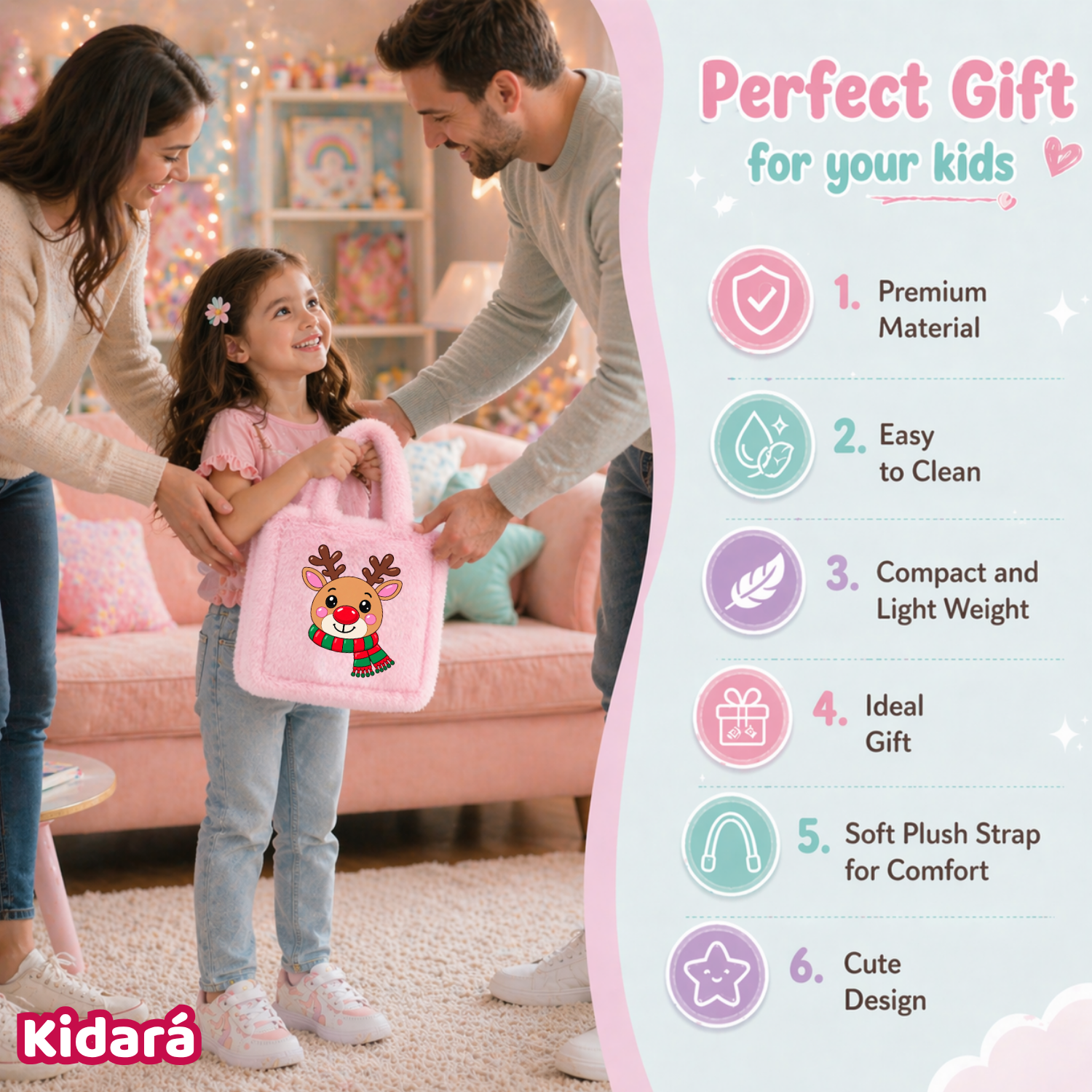 Kidara Christmas Rudolph Reindeer Fur Kids Sling Bag (Pink)