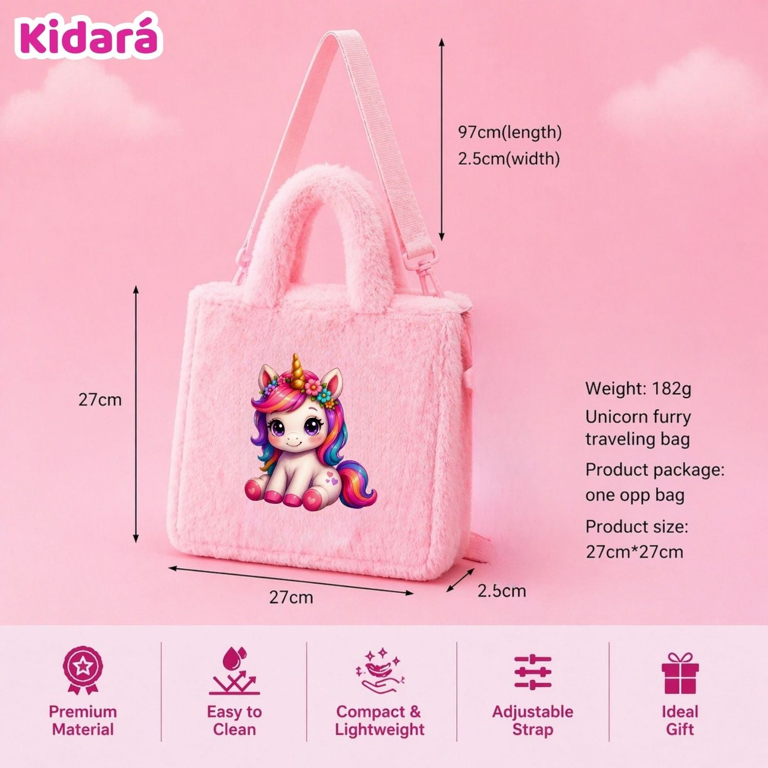 Kidara Fluffy Unicorn Fur Kids Sling Bag (Pink)