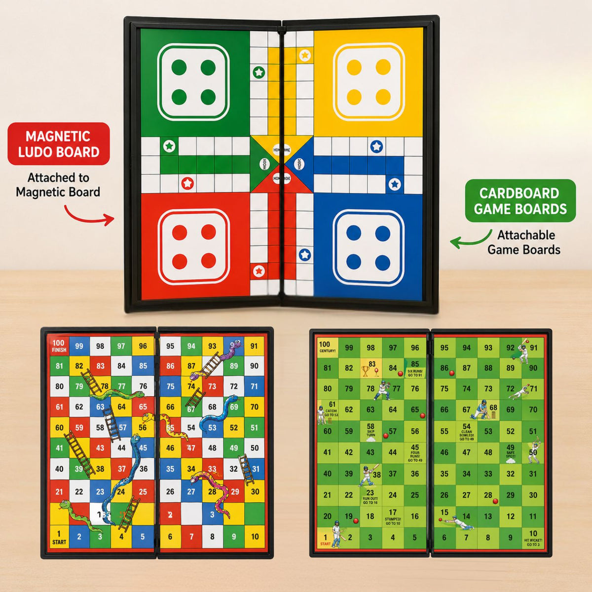 Kidara 3-In-1 Magentic Ludo, Snake N Ladder , Cricket Board Game for Kids