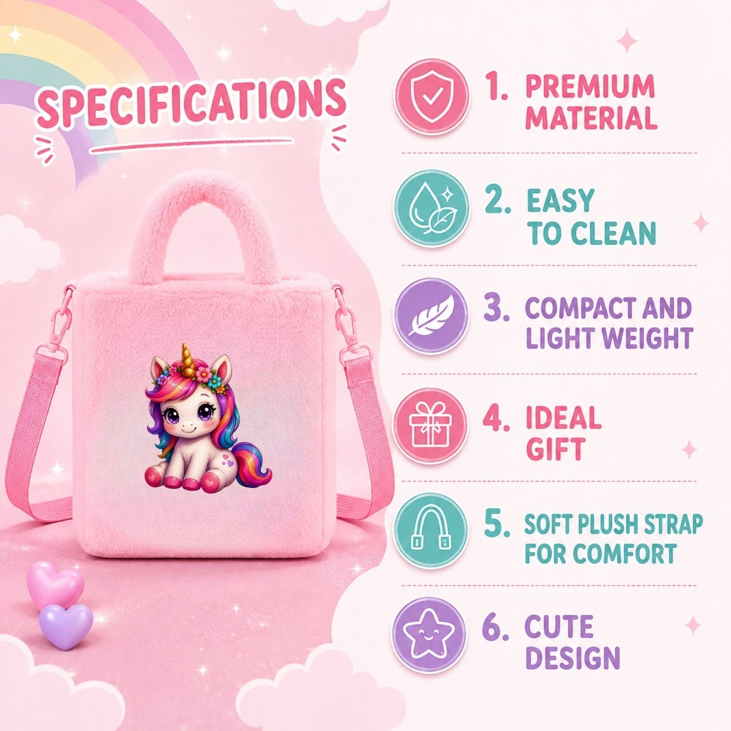 Kidara Fluffy Unicorn Fur Kids Sling Bag (Pink)