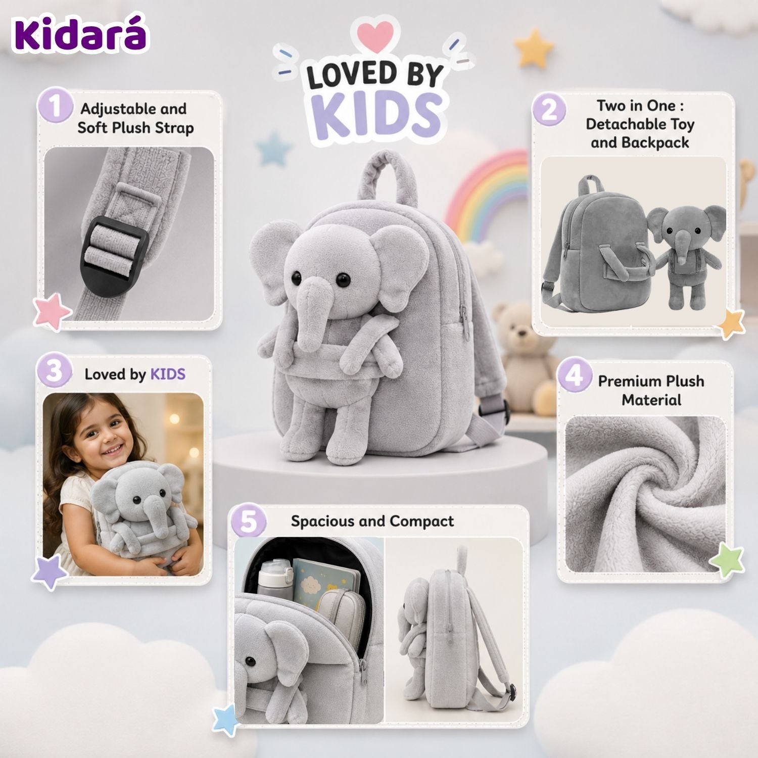 Kidara Detachable Elephant Plush Kids Backpack (Grey)