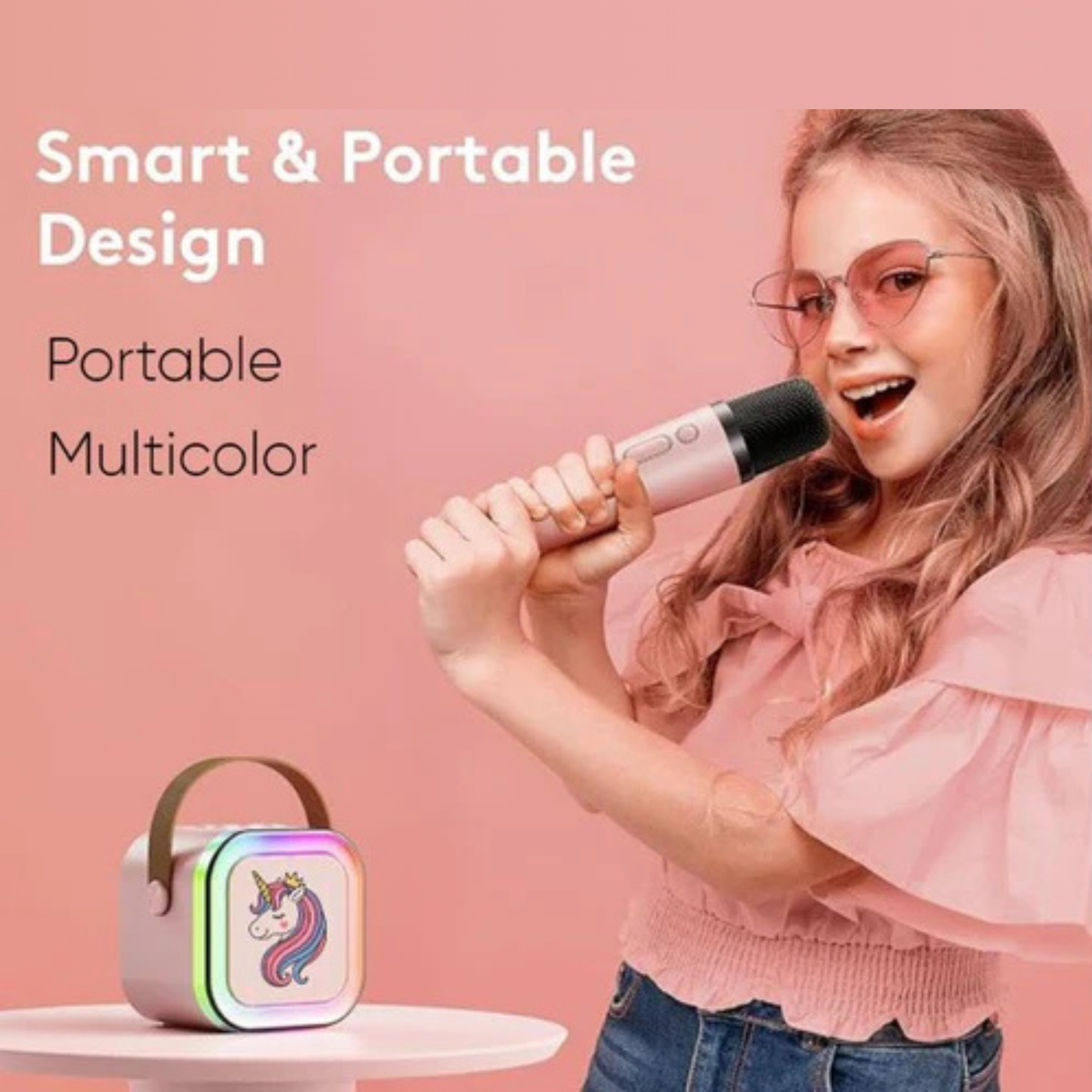 New Unicorn Themed Karaoke Speaker with Wireless Mic & LED Lights (Pink)