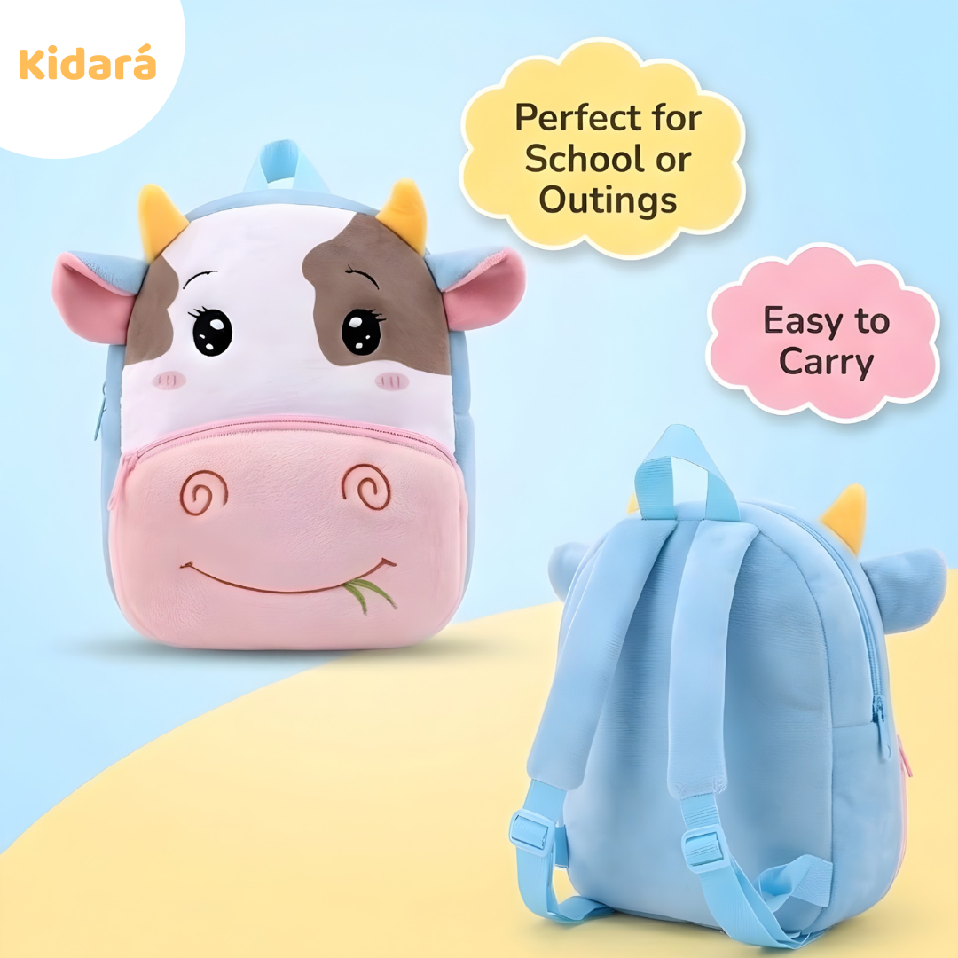 Kidara Preschool Soft Plush Cow Backpack for Toddlers (1-5 Years) – Mini Travel Full Embroidery Bag