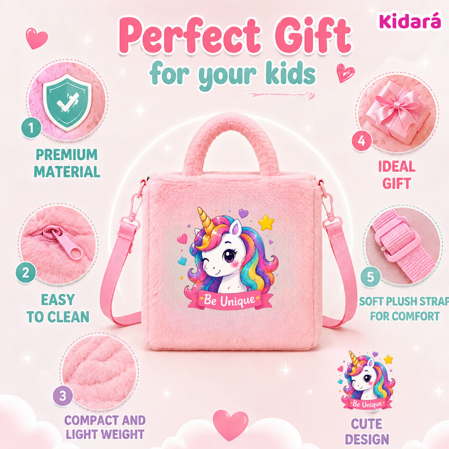 Kidara Heart Cheek Unicorn Fur Kids Sling Bag (Pink)