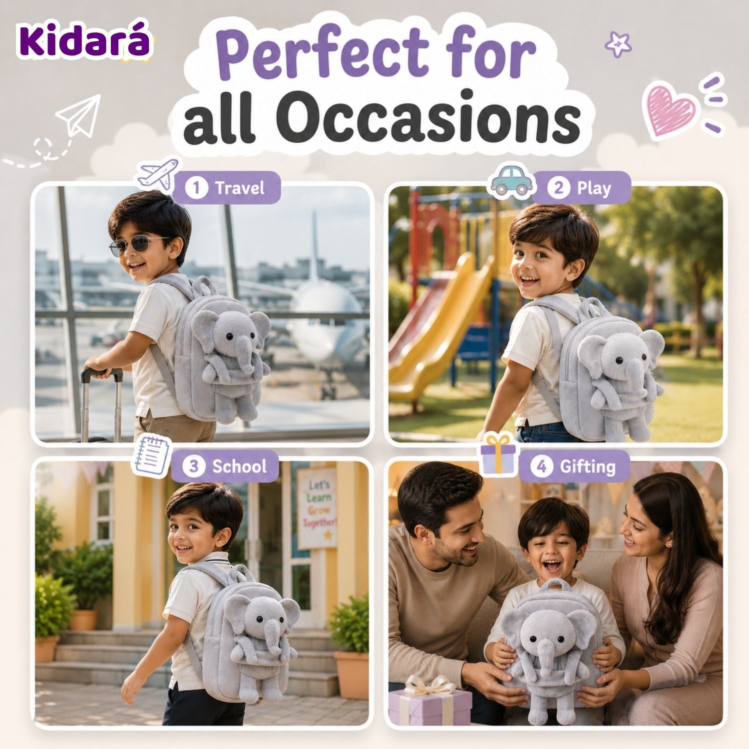 Kidara Detachable Elephant Plush Kids Backpack (Grey)
