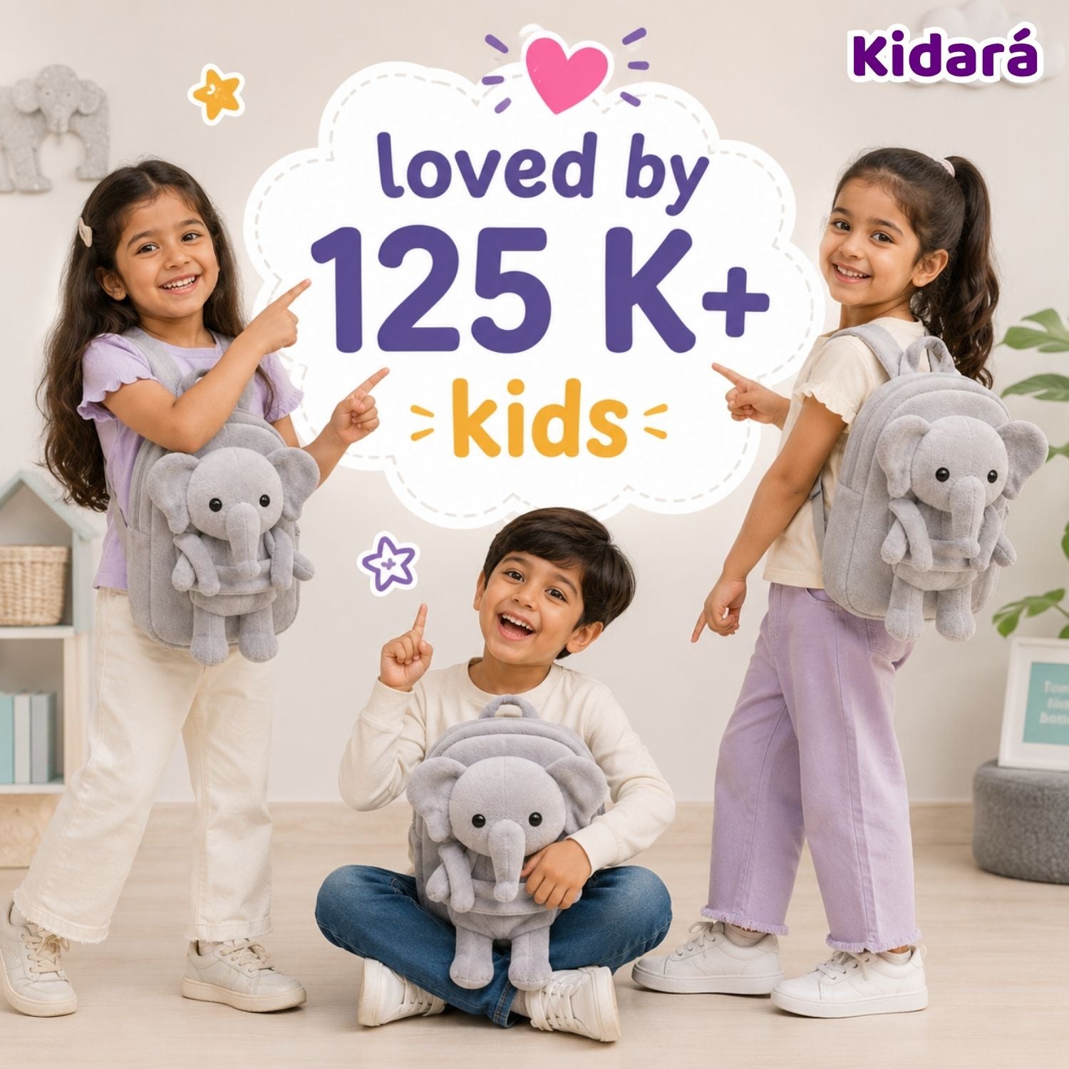 Kidara Detachable Elephant Plush Kids Backpack (Grey)