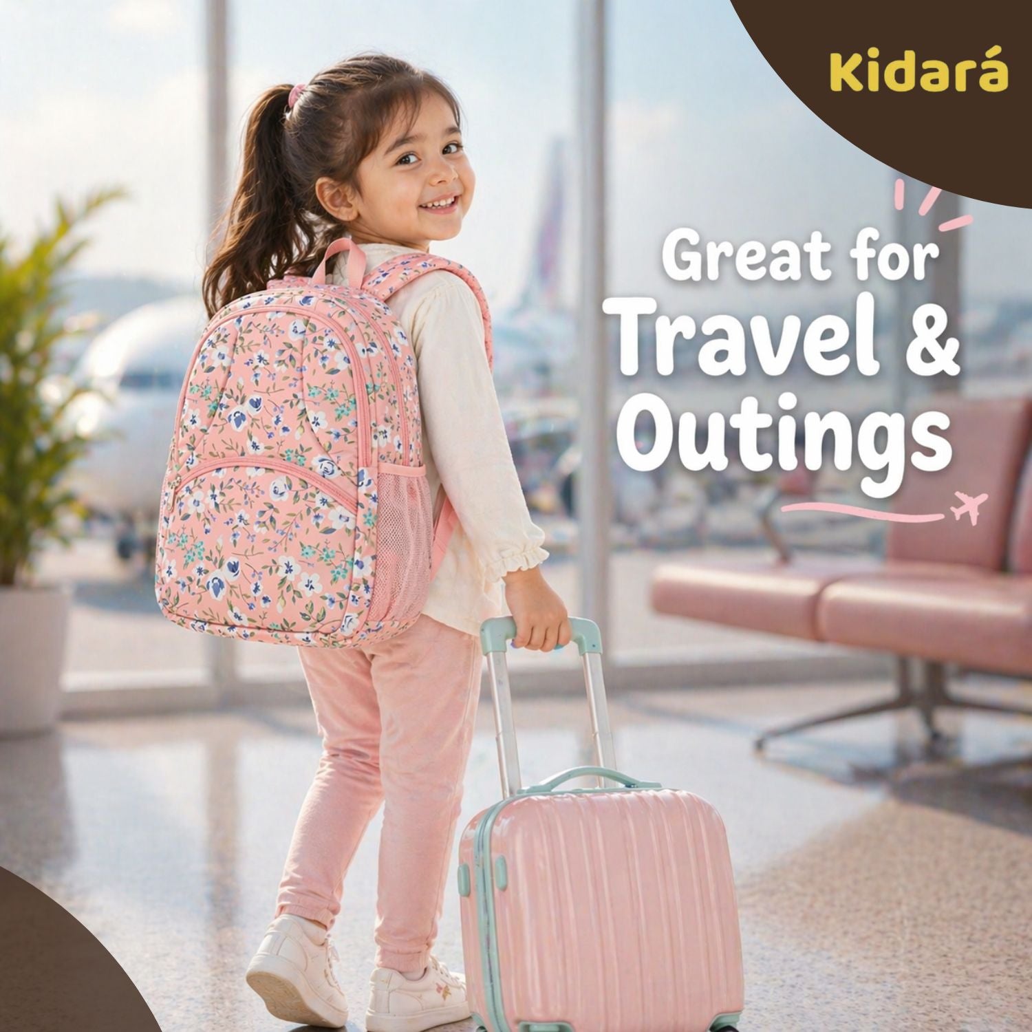 Kidara Kids Cute Floral Polyester School Bag (Peach)