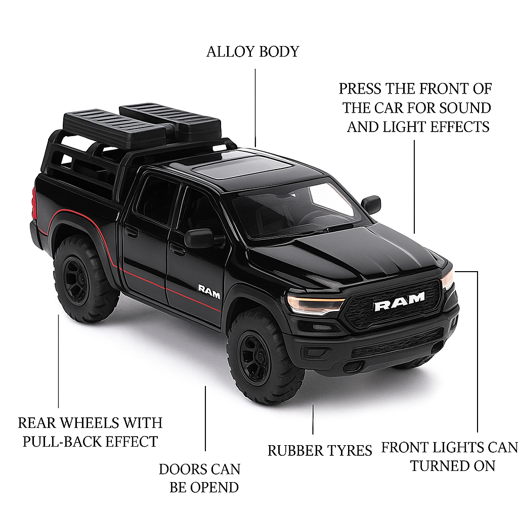 RAM Mammoth 1:32 Die-Cast Pull-Back Model Car with Lights & Sound (Black)