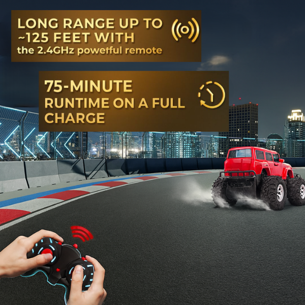 Kidara Remote Control Monster Truck | Rechargeable RC Car with 4 Headlight Modes (Red)