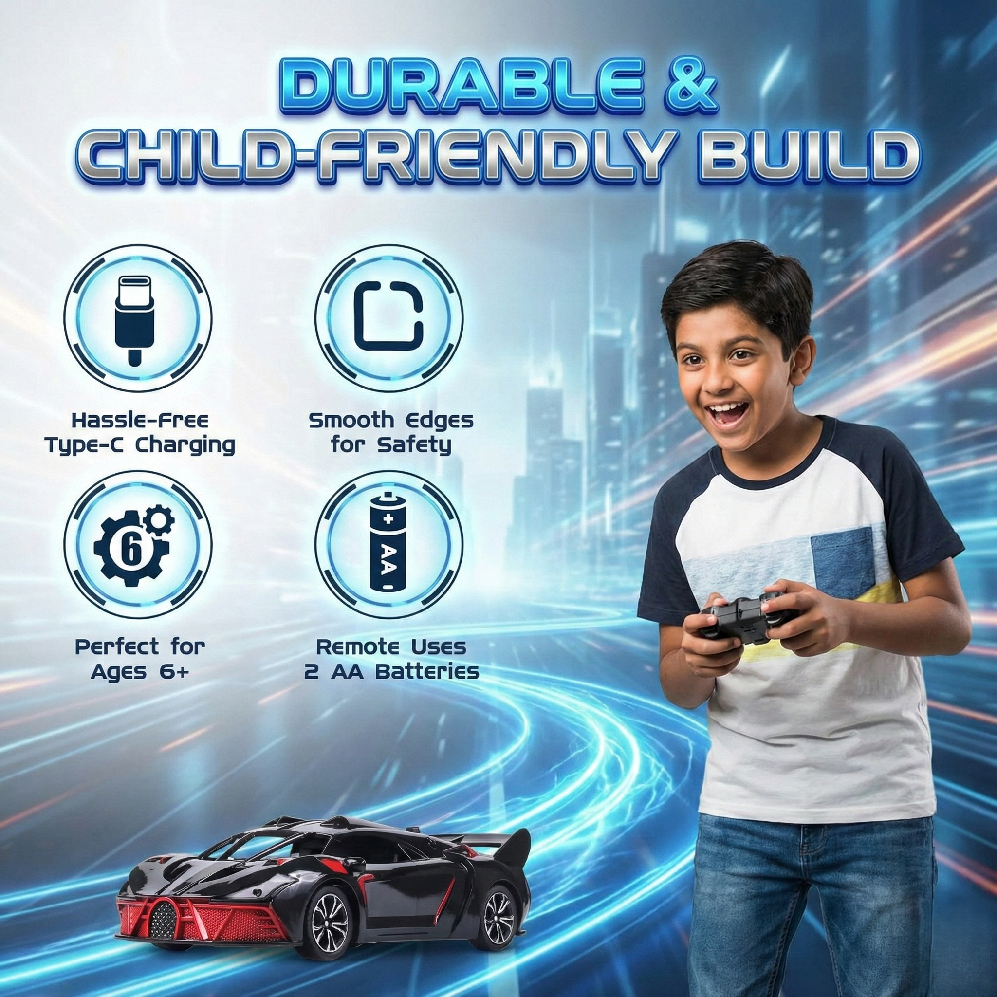 Kidara High-Speed RC Car | Rechargeable with LED Lights & Type-C Charging (Black & Red)