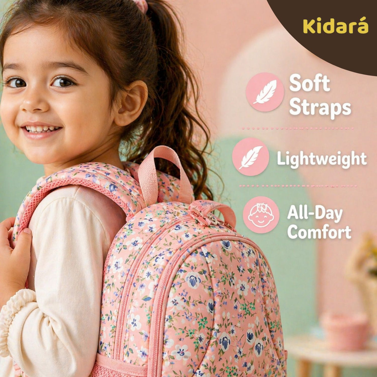 Kidara Kids Cute Floral Polyester School Bag (Peach)