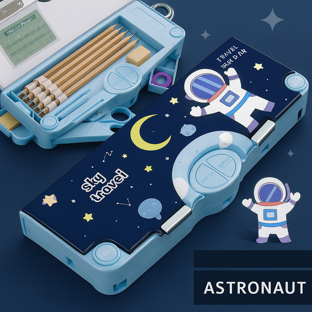 Kidara Astronaut Dual-Compartment Magnetic Pencil Case – Space Blue (Ages 4–12)