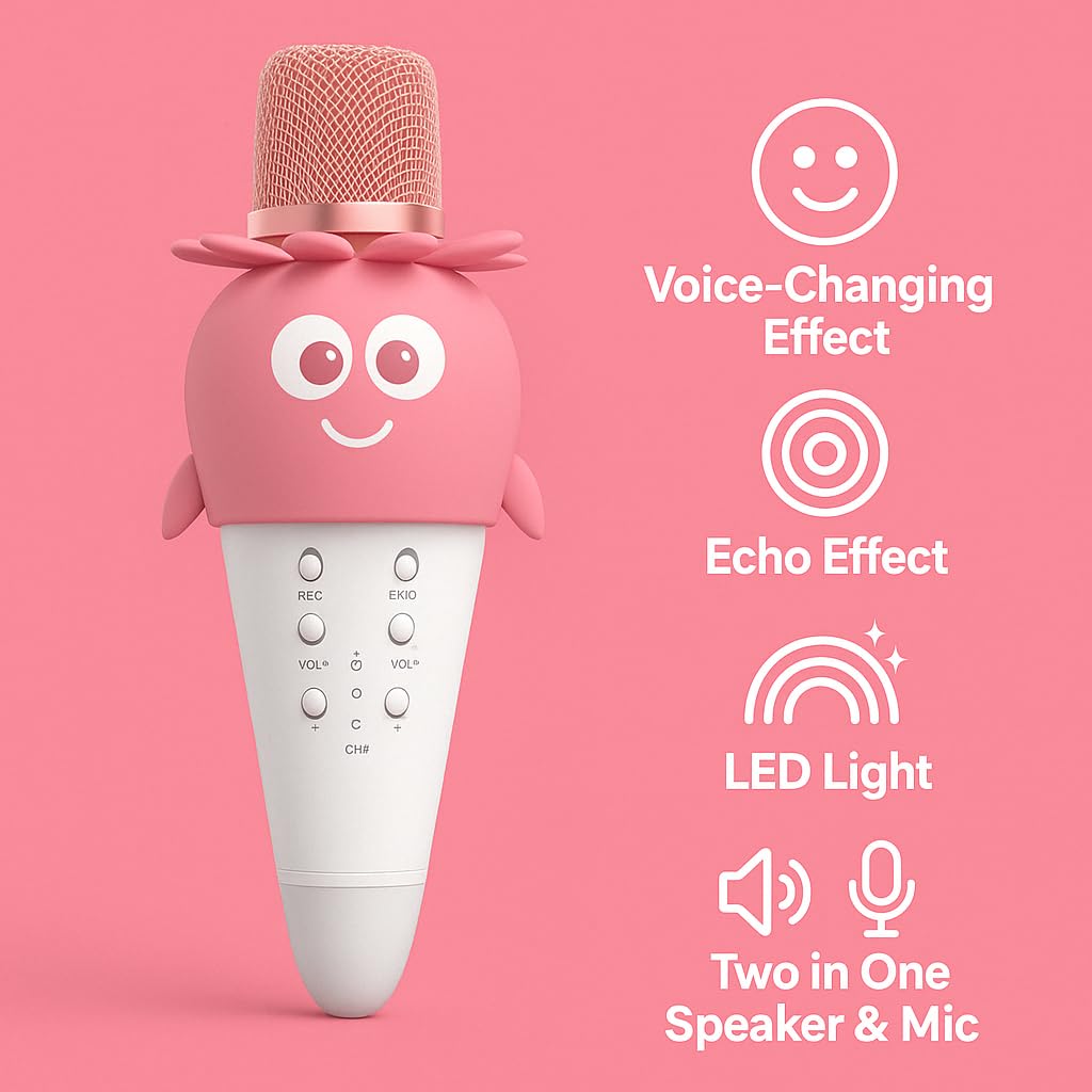 Kidara™ Berry Pop Karaoke Mic for Kids | Strawberry-Themed Bluetooth Mic with Lights | Wireless & Rechargeable Singing Toy for Kids – Girls & Boys Ages 3 4 5 6 7 8 9 10 | Musical Gift (Pink -White)