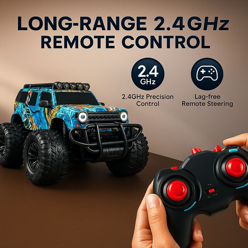 Kidara Remote Control Off-Road Car | Rechargeable Monster Truck with 4 Headlight Modes (Graffiti Blue)