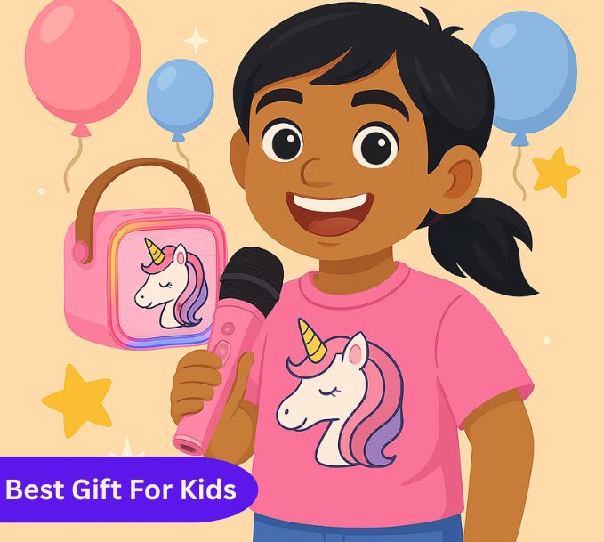 New Unicorn Themed Karaoke Speaker with Wireless Mic & LED Lights (Pink)