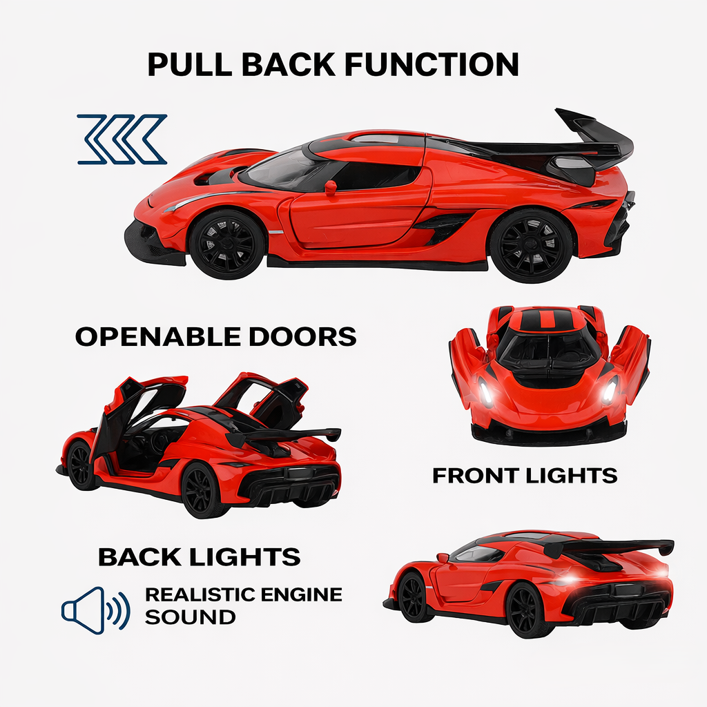 Kidara Koenigseg Model Car 1:32 Exclusive Alloy Metal Pull Back Die-cast Car | Die-cast Metal Pullback Toy car with Openable Doors & Light Music (RED)