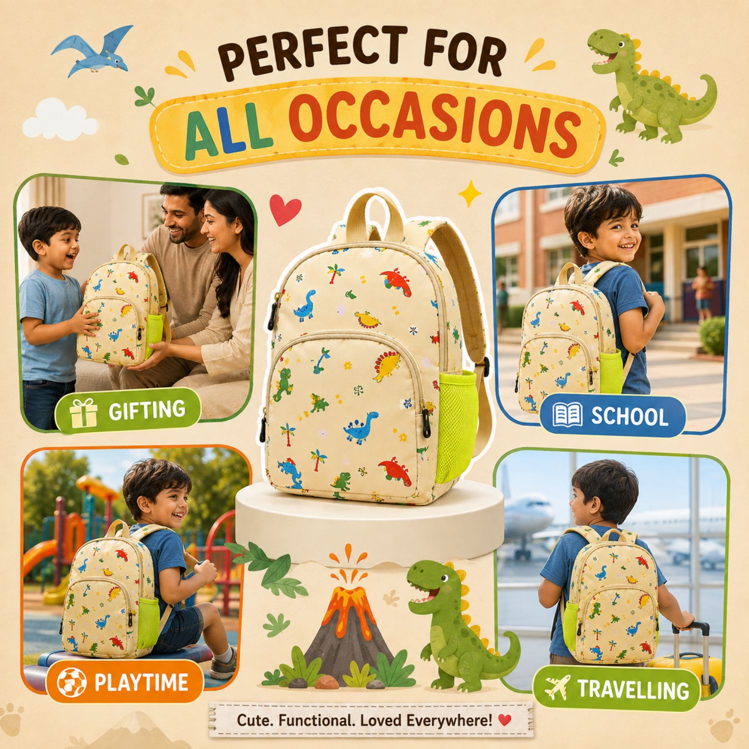 Kidara Soft Dinosaur Polyester Kids Backpack (Yellow)