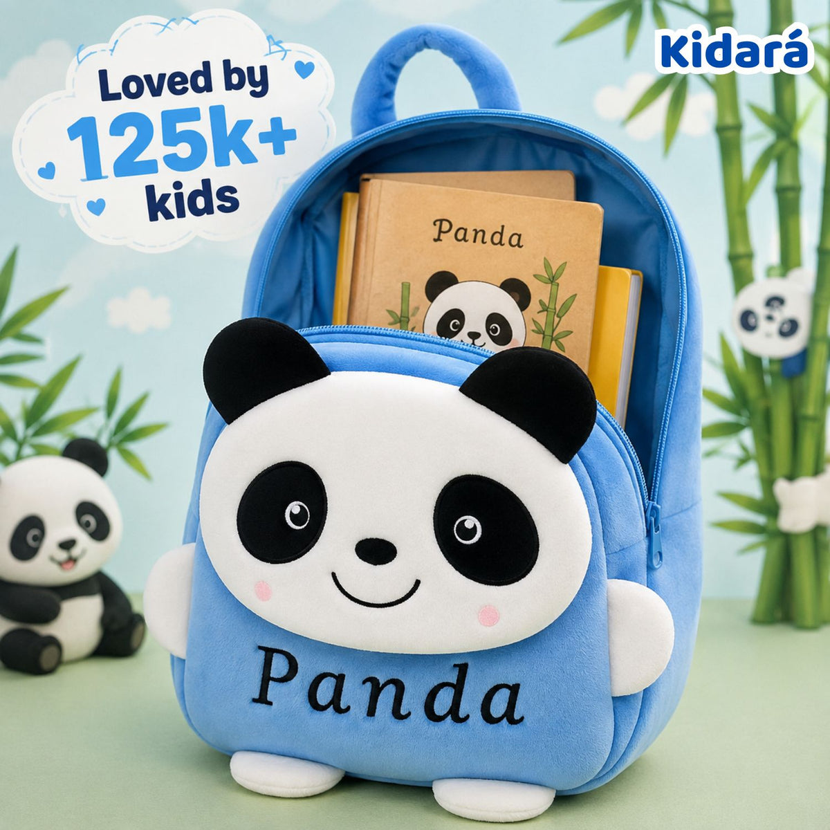 Kidara Happy Panda Plush Kids Backpack (Blue)