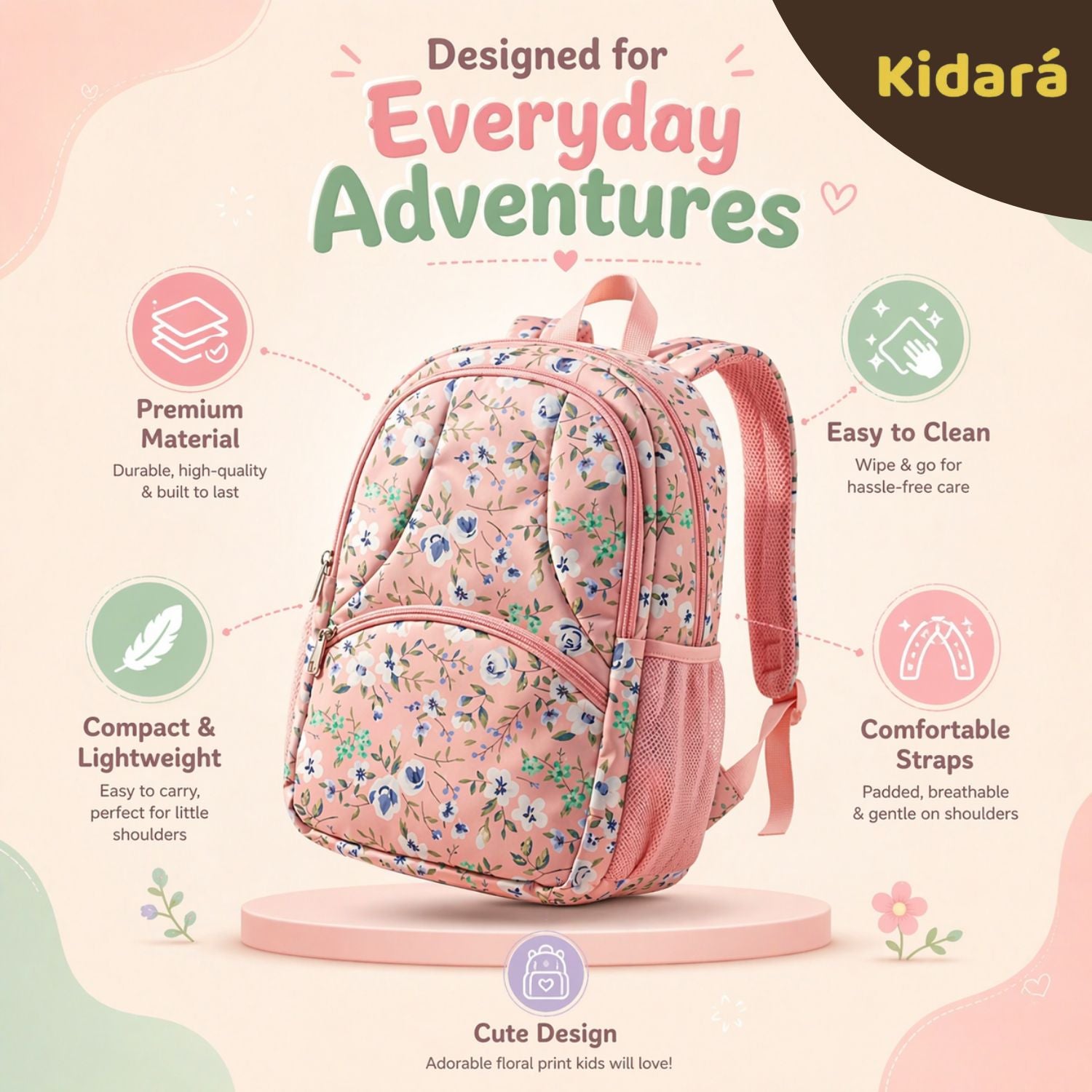 Kidara Kids Cute Floral Polyester School Bag (Peach)