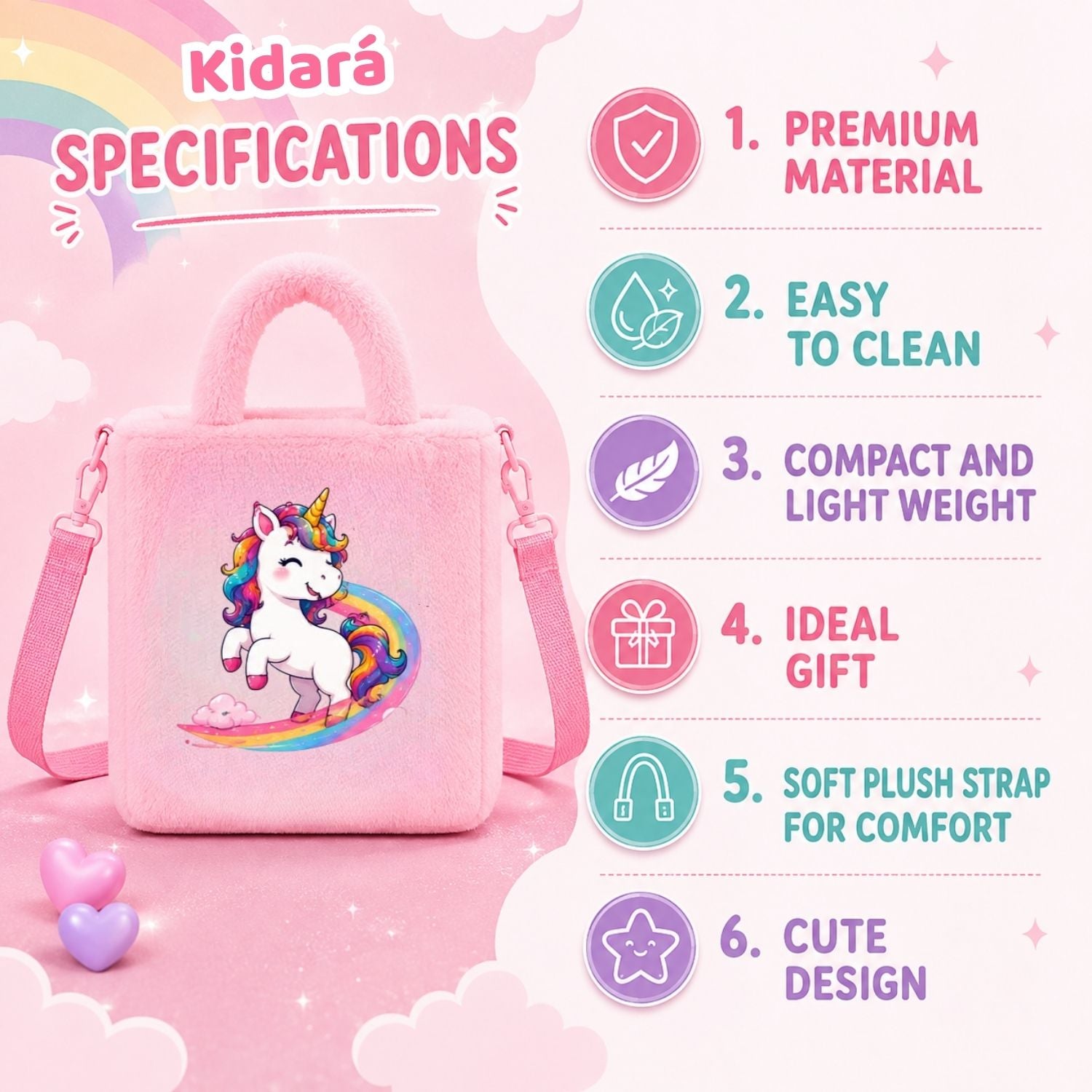 Kidara Rainbow Surf Unicorn Fur Kids Sling Bag (Pink)