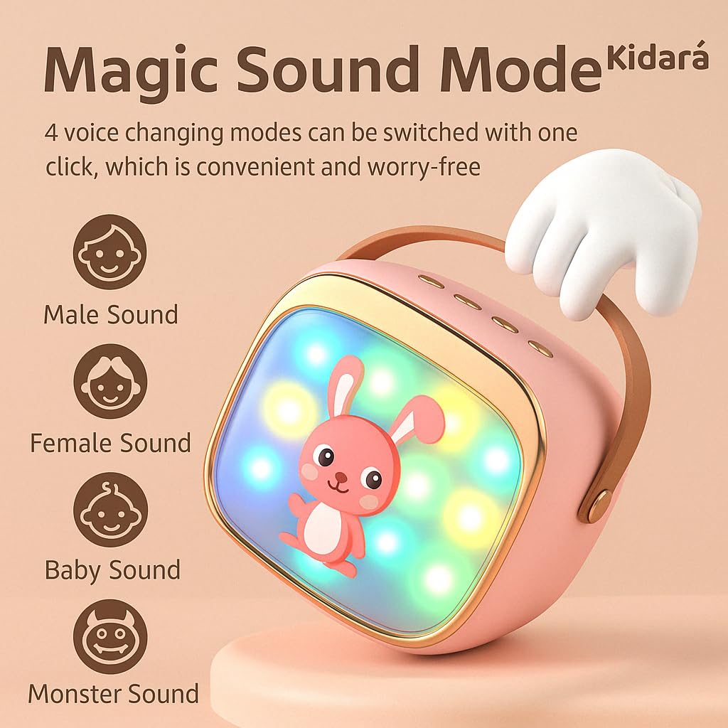 Kidara™ Bunny Beats Karaoke Speaker with 2 Wireless Mics | Rechargeable Bluetooth Music Toy with LED Lights, | Fun Singing Set for Kids – Gift for Girls & Boys Ages 3 4 5 6 7 8 9 10 (Pink)