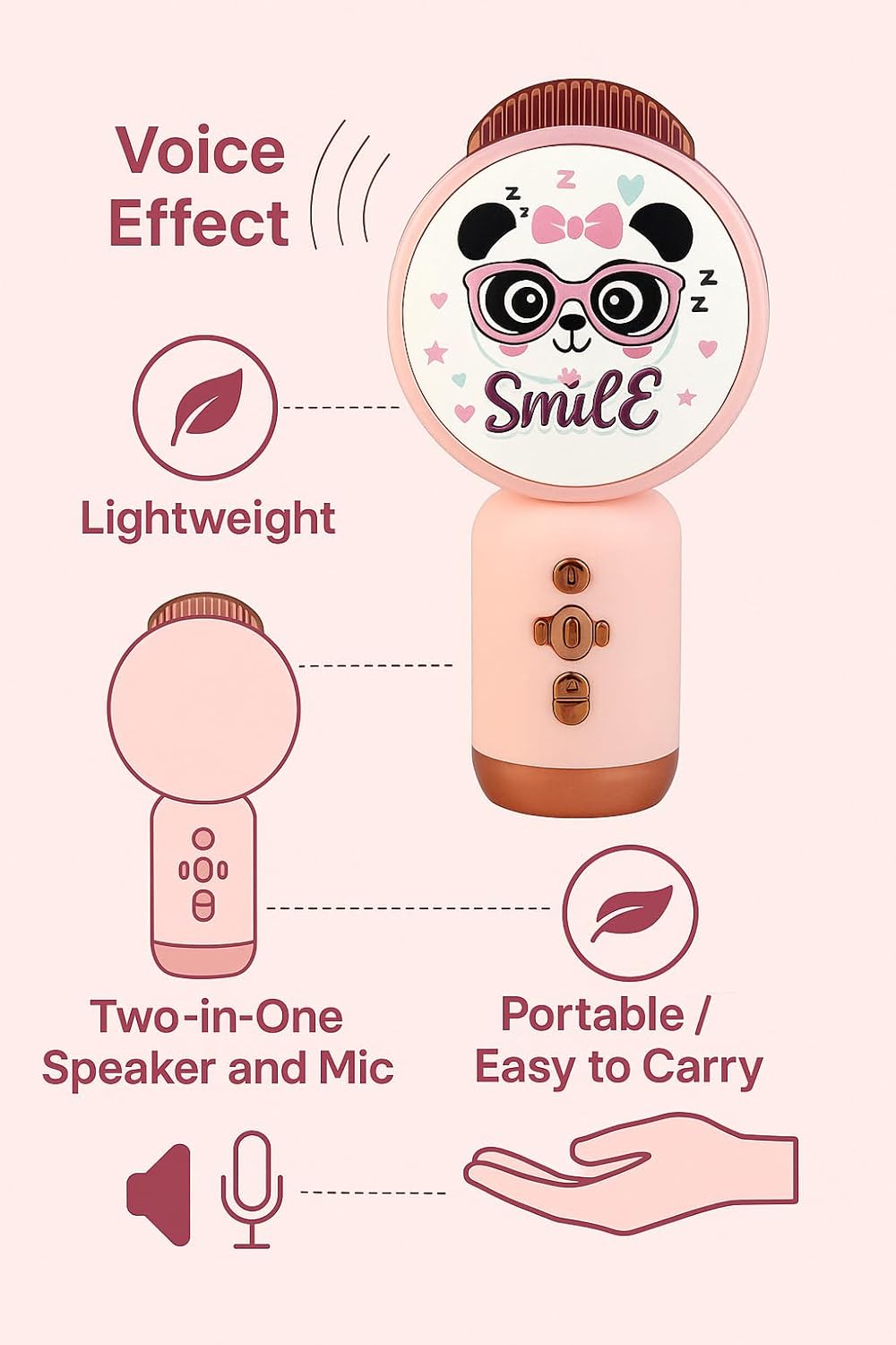Kidara™ Panda Pop Music Fan Toy with Mic & Lights | Cute Panda Design | Bluetooth Rechargeable – Girls & Boys Ages 3 4 5 6 7 8 9 10 | Gift (Peach Pink)