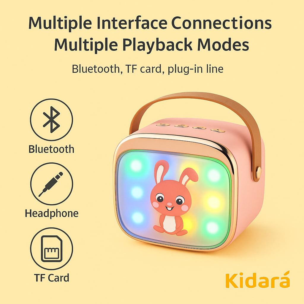 Kidara™ Bunny Beats Karaoke Speaker with 2 Wireless Mics | Rechargeable Bluetooth Music Toy with LED Lights, | Fun Singing Set for Kids – Gift for Girls & Boys Ages 3 4 5 6 7 8 9 10 (Pink)