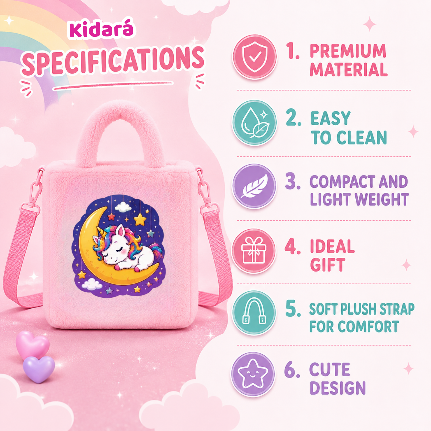 Kidara Cute Moon Slumber Unicorn Fur Kids Sling Bag (Pink)