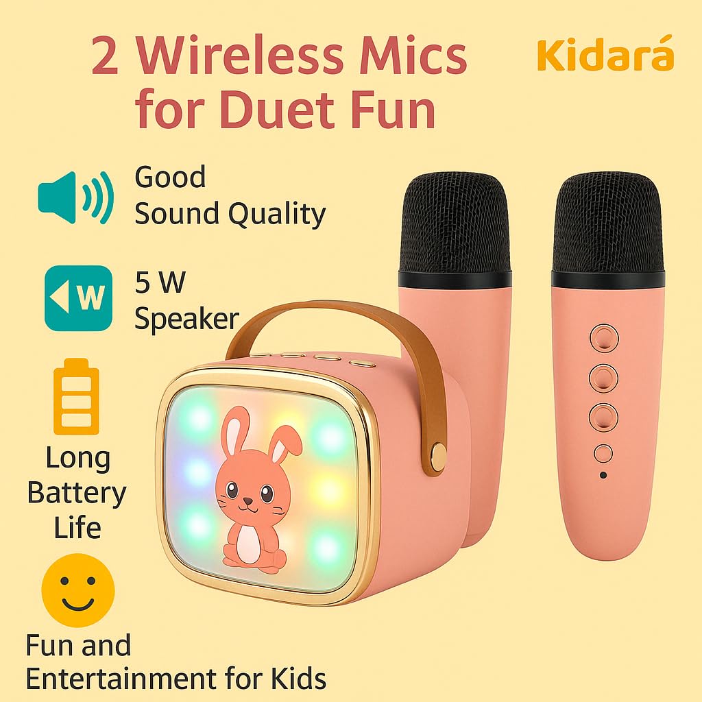 Kidara™ Bunny Beats Karaoke Speaker with 2 Wireless Mics | Rechargeable Bluetooth Music Toy with LED Lights, | Fun Singing Set for Kids – Gift for Girls & Boys Ages 3 4 5 6 7 8 9 10 (Pink)
