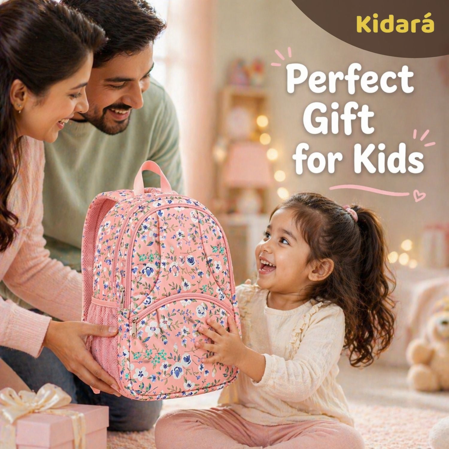 Kidara Kids Cute Floral Polyester School Bag (Peach)