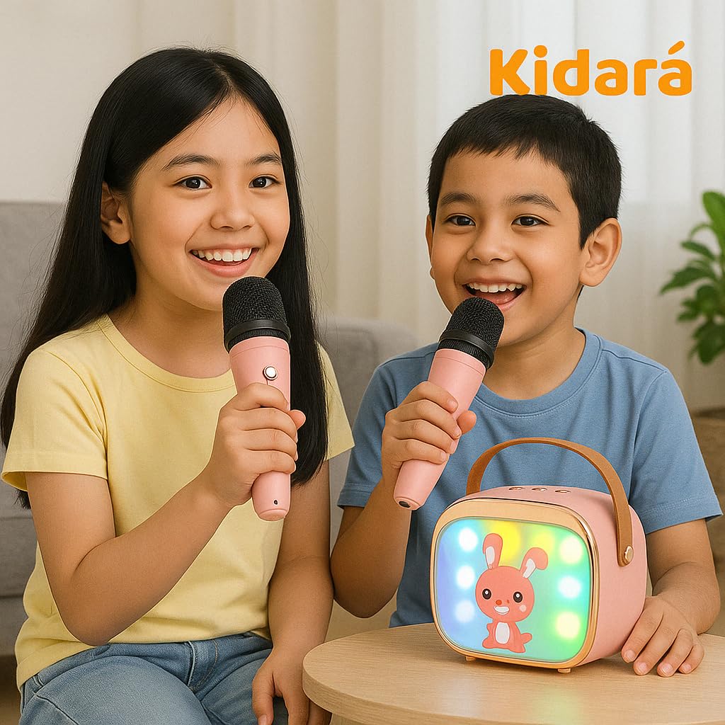 Kidara™ Bunny Beats Karaoke Speaker with 2 Wireless Mics | Rechargeable Bluetooth Music Toy with LED Lights, | Fun Singing Set for Kids – Gift for Girls & Boys Ages 3 4 5 6 7 8 9 10 (Pink)