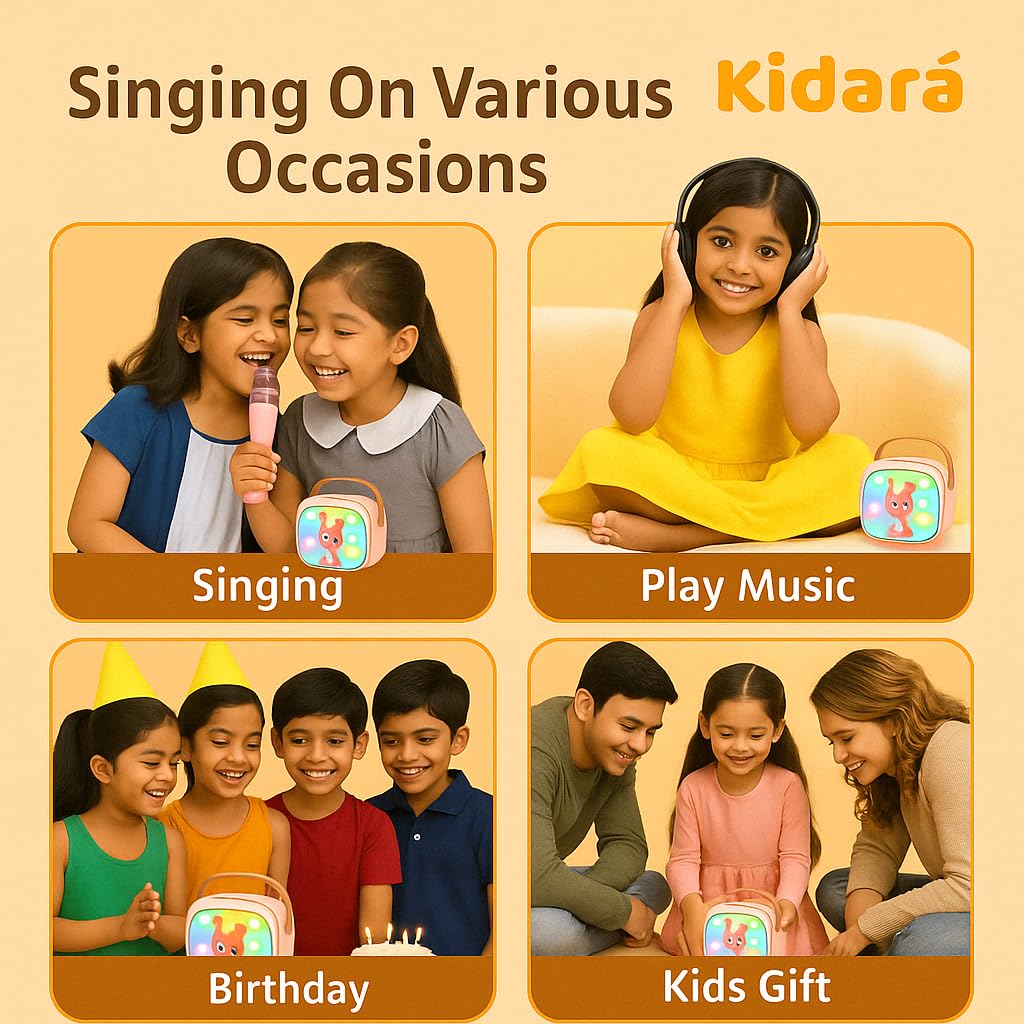 Kidara™ Bunny Beats Karaoke Speaker with 2 Wireless Mics | Rechargeable Bluetooth Music Toy with LED Lights, | Fun Singing Set for Kids – Gift for Girls & Boys Ages 3 4 5 6 7 8 9 10 (Pink)