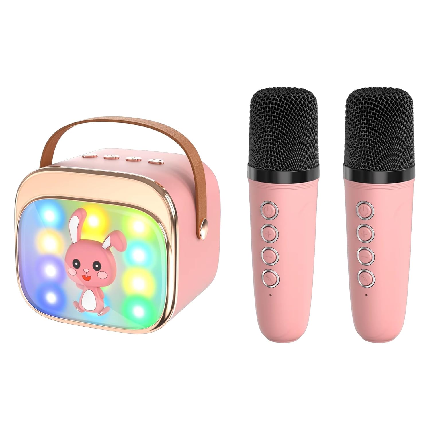 Kidara™ Bunny Beats Karaoke Speaker with 2 Wireless Mics | Rechargeable Bluetooth Music Toy with LED Lights, | Fun Singing Set for Kids – Gift for Girls & Boys Ages 3 4 5 6 7 8 9 10 (Pink)