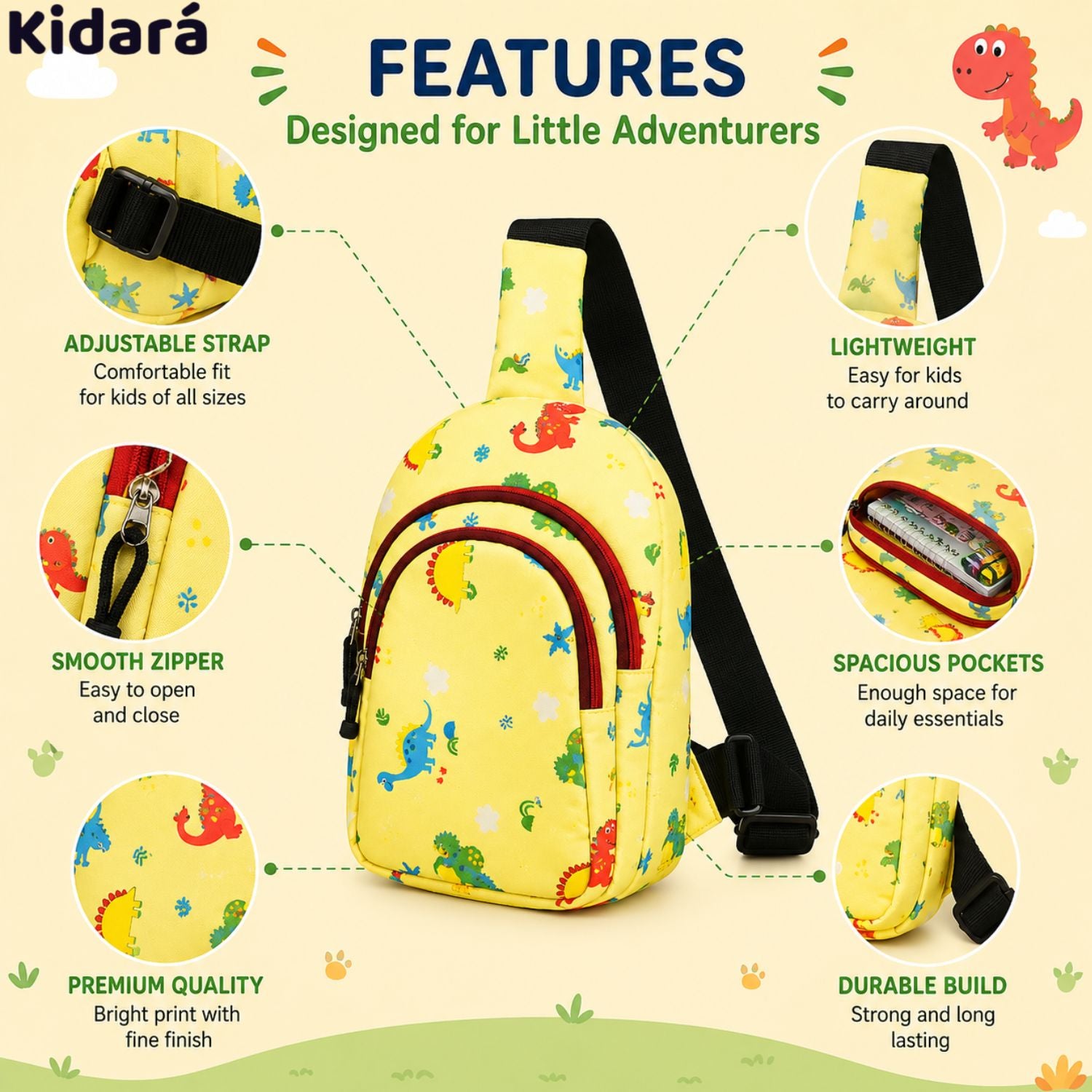 Kidara Dinosaur Chest Kids Sling Bag (Yellow)