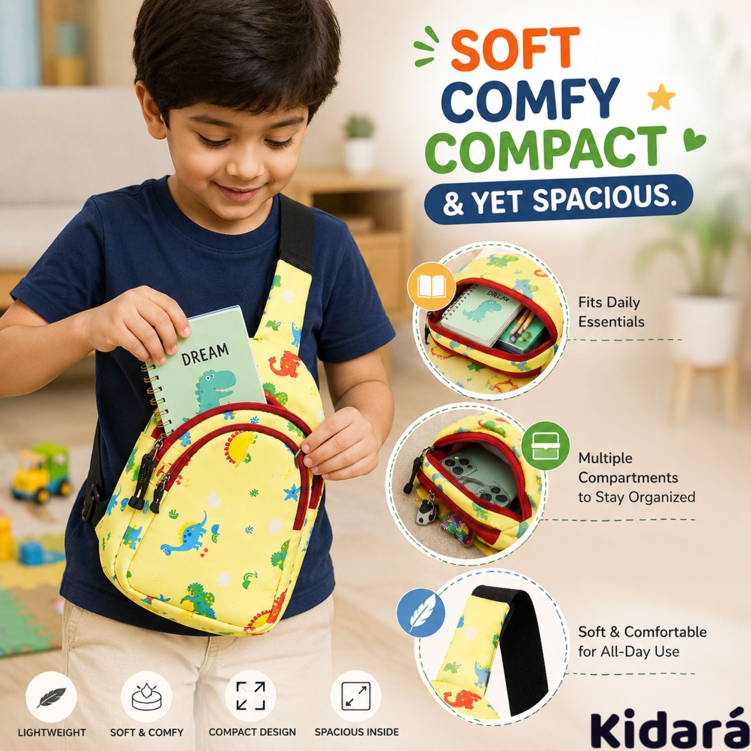 Kidara Dinosaur Chest Kids Sling Bag (Yellow)